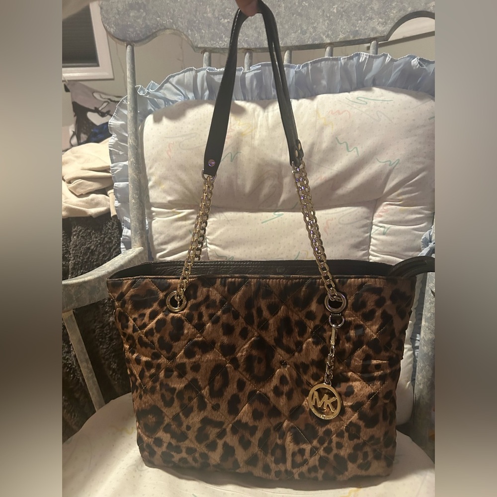 Michael Kors Brown Leopard Tote with Gold Accents